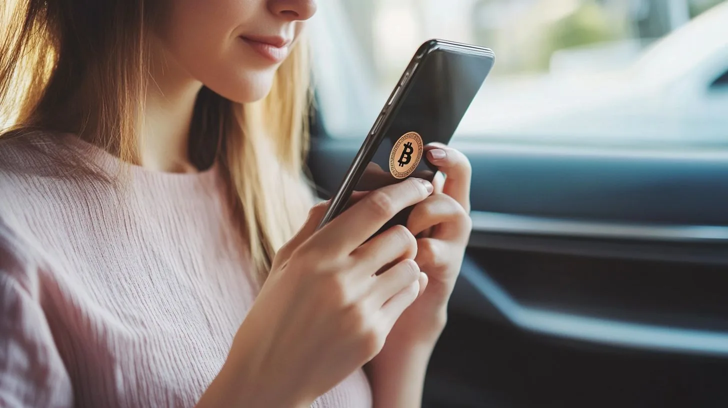 A Woman In Her 30S Paying For A Private Car Service With Bitcoin. A woman in her 30s paying for a private car service with Bitcoin.