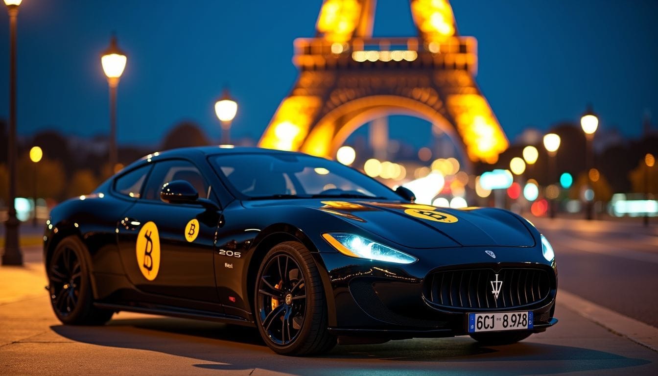 A black car with Bitcoin logo parked in front of Eiffel Tower at night.