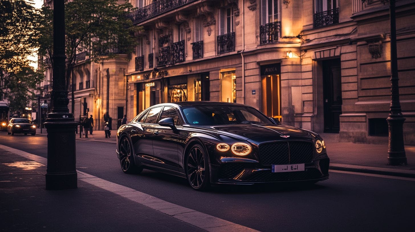 A luxury car from Bitcoin Car Service parked on a Paris street.