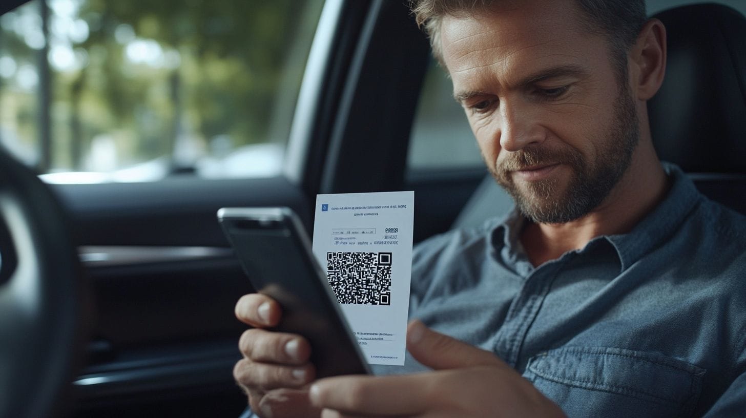 A man in his 30s scans a QR code for a Bitcoin payment in his car.