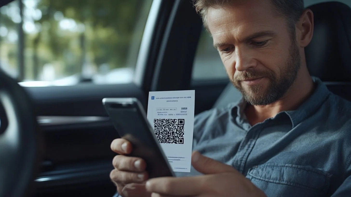A Man In His 30S Scans A Qr Code For A Bitcoin Payment In His Car. A man in his 30s scans a QR code for a Bitcoin payment in his car.