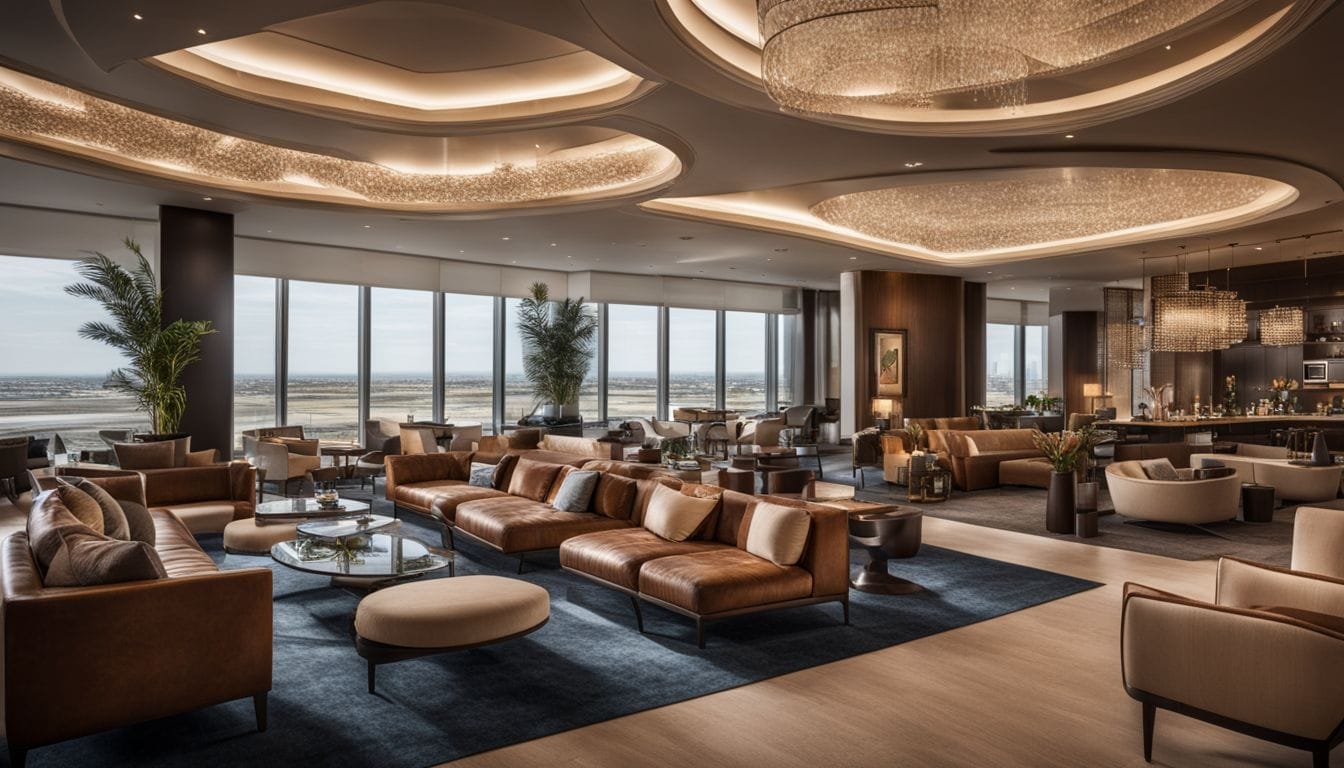 A Luxurious Airport Lounge With Diverse People And Elegant Decor. A luxurious airport lounge with diverse people and elegant decor.