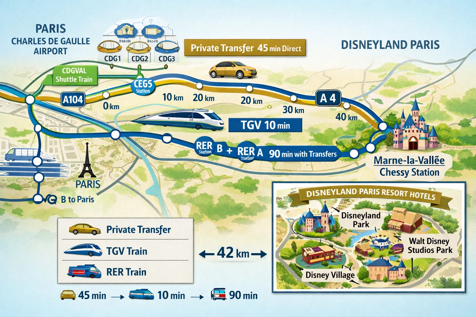 Comprehensive landscape route map visualization (1536x1024) showing complete journey from Paris Charles de Gaulle Airport terminals (CDG1, C