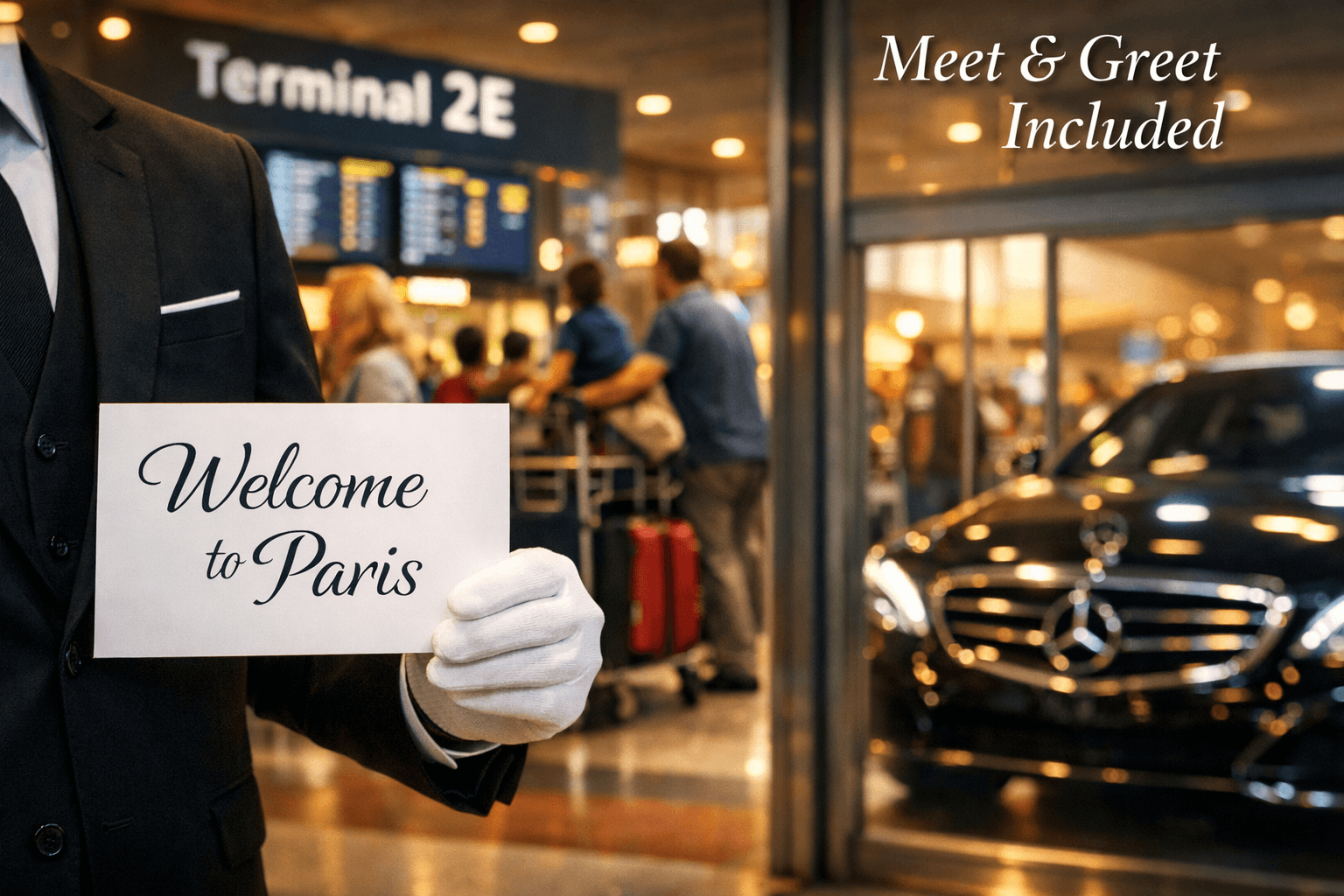 Atmospheric landscape photograph (1536x1024) showing professional chauffeur in dark suit holding personalized name sign 'Welcome to Paris' i