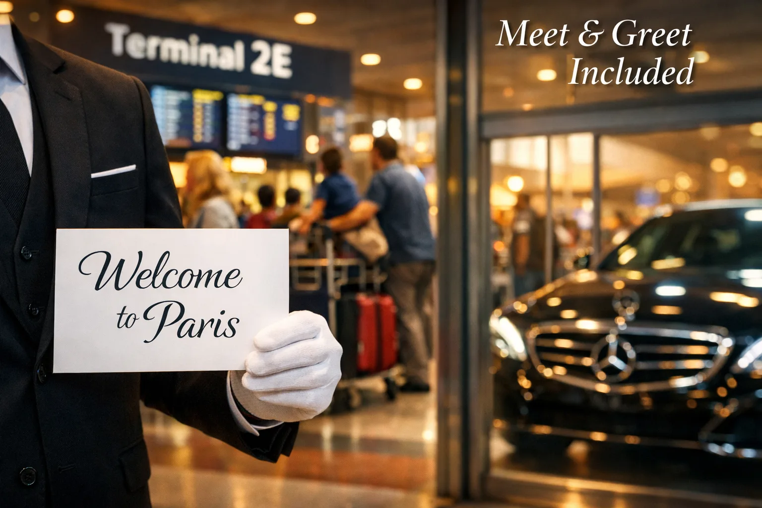 Atmospheric landscape photograph (1536x1024) showing professional chauffeur in dark suit holding personalized name sign 'Welcome to Paris' i