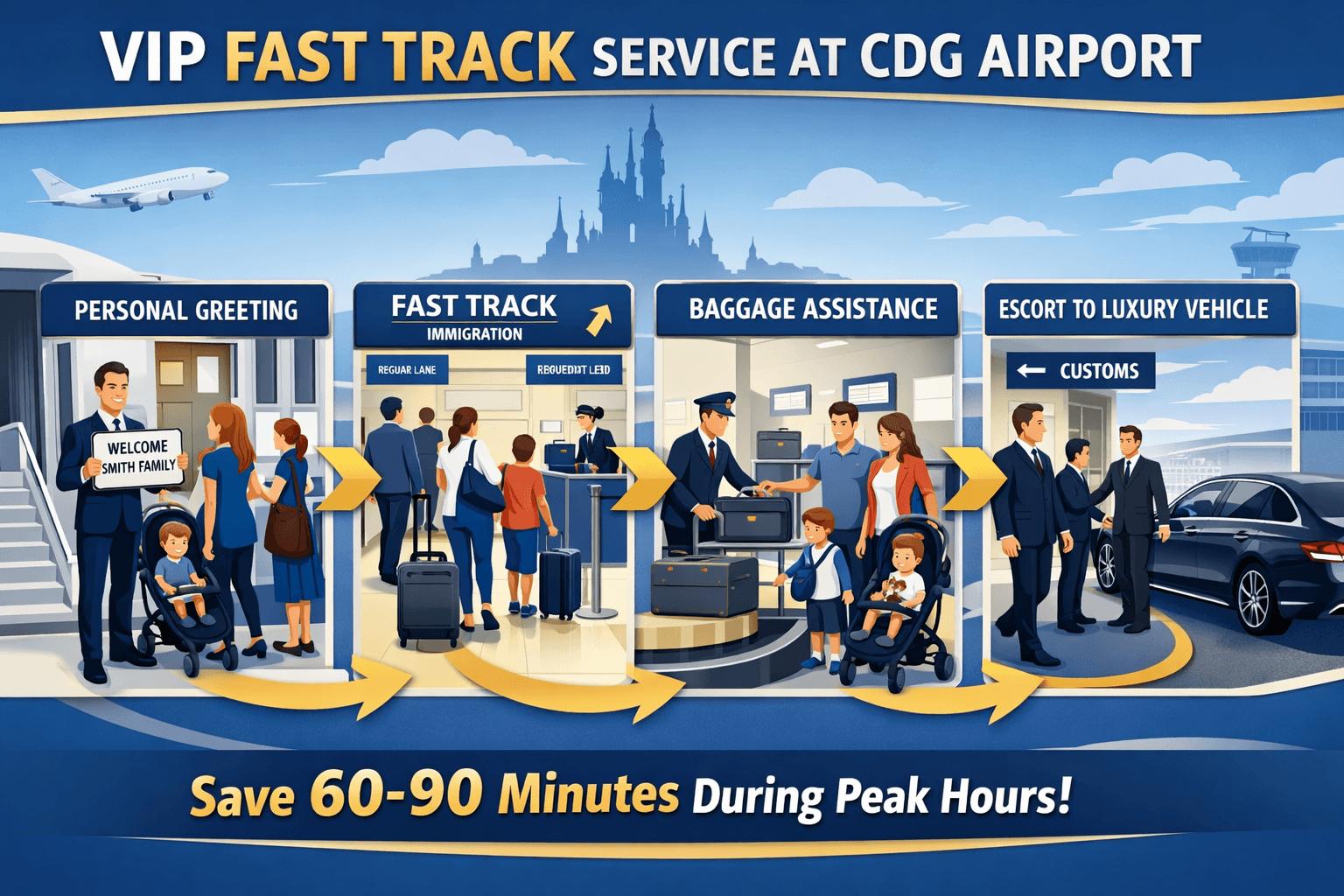 Detailed landscape illustration (1536x1024) depicting VIP Fast Track service journey at CDG Airport: sequential panels showing 1) VIP greete
