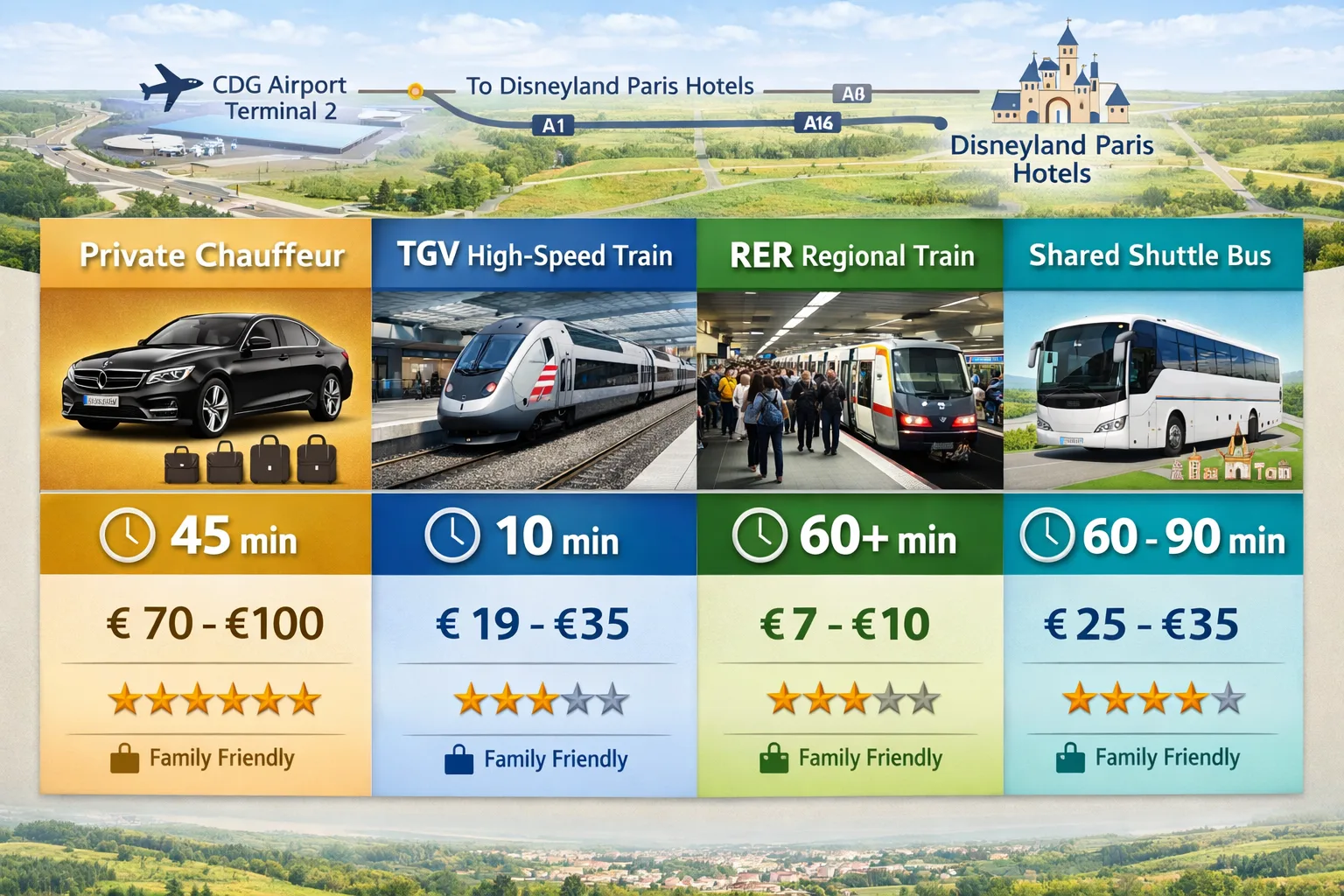 Detailed landscape infographic (1536x1024) comparing four transportation methods from CDG Airport to Disneyland Paris: private chauffeur ser