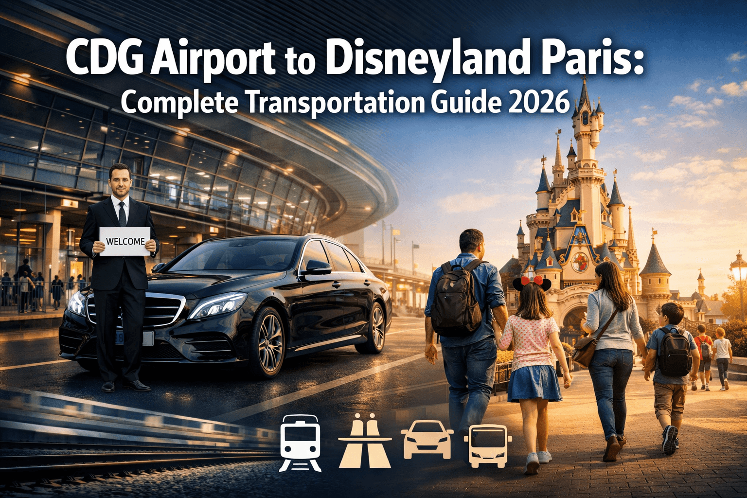 Professional landscape hero image (1536x1024) featuring bold text overlay 'CDG Airport to Disneyland Paris: Complete Transportation Guide 20