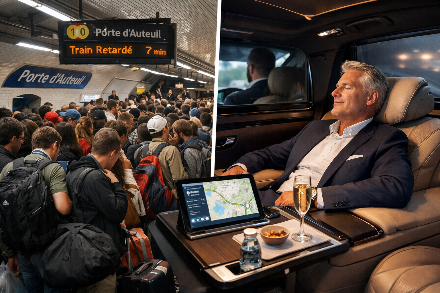 Landscape format (1536x1024) comparison visualization split into two contrasting scenes: left half shows crowded Paris Metro Line 10 platfor