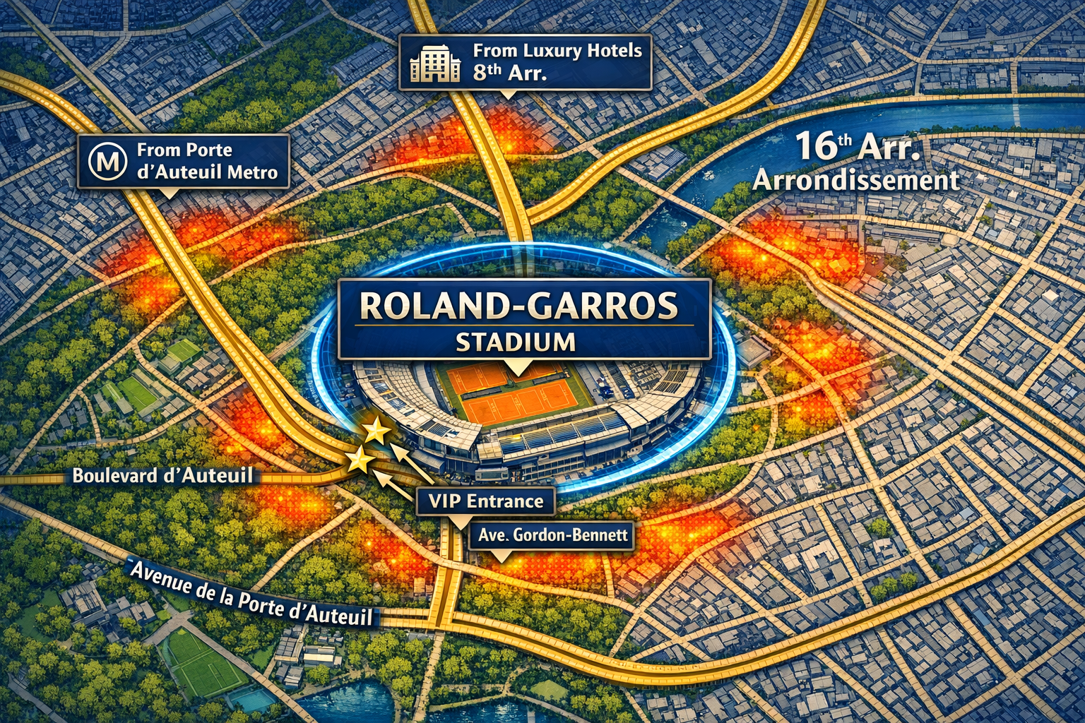 Landscape format (1536x1024) detailed illustration showing aerial view map of Paris 16th arrondissement with Roland Garros stadium prominent
