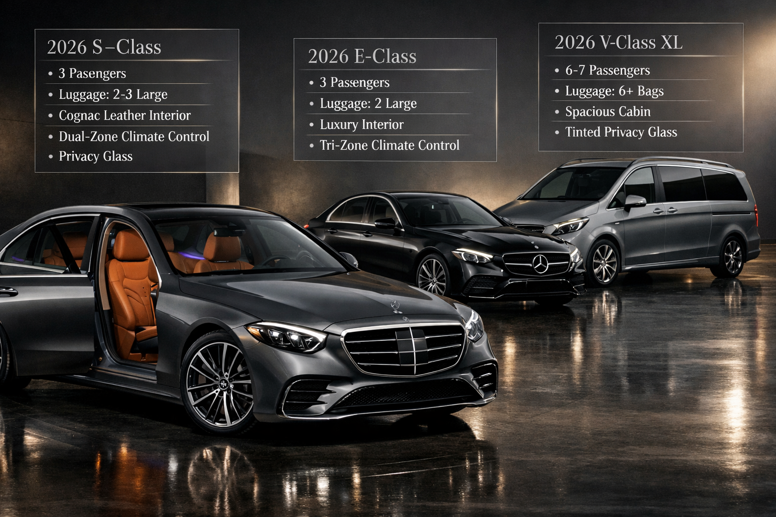Landscape format (1536x1024) sophisticated product showcase featuring three Mercedes vehicles in showroom lighting: 2026 S-Class in meteor g