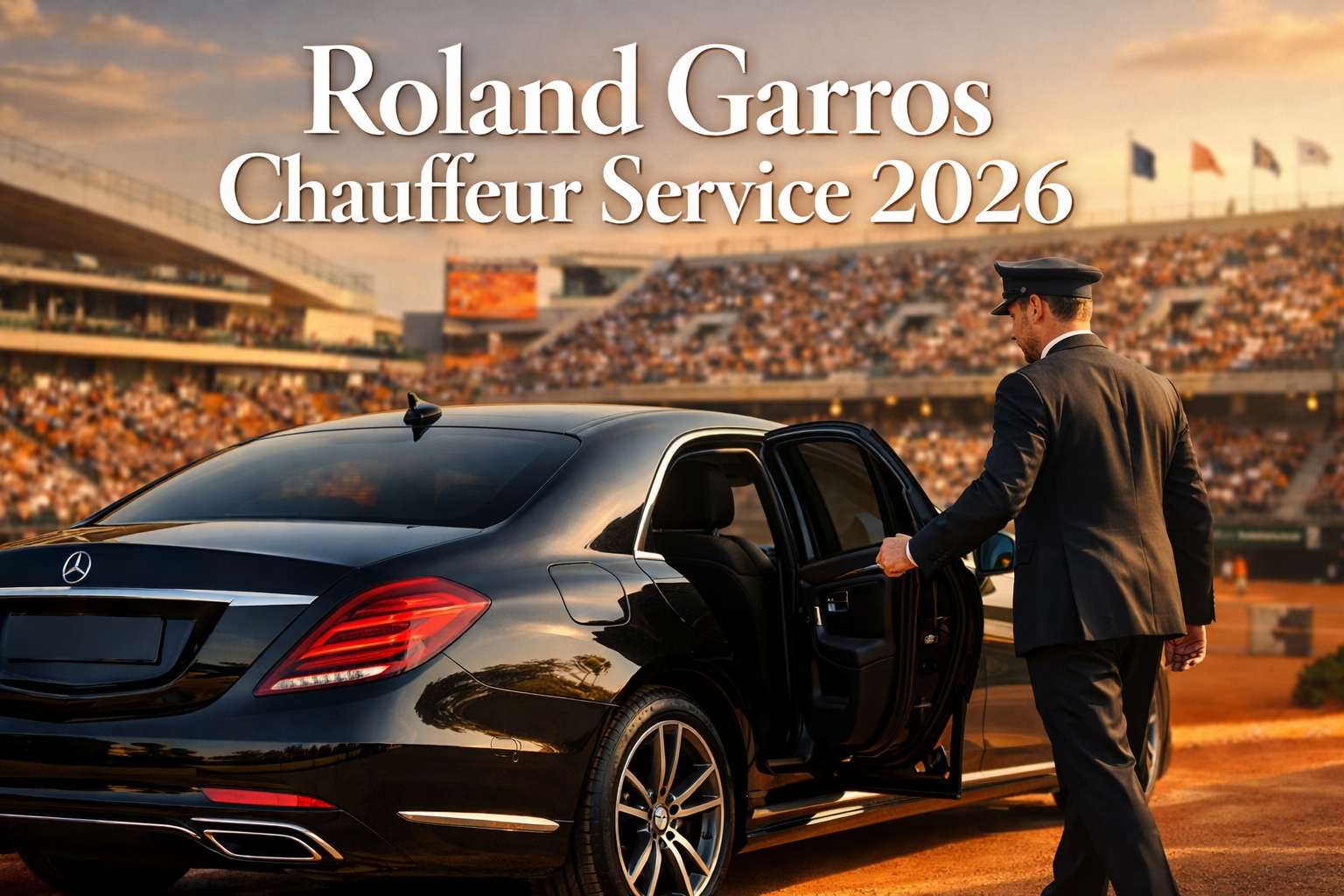 Professional landscape format (1536x1024) editorial hero image featuring bold text overlay 'Roland Garros Chauffeur Service 2026' in extra l