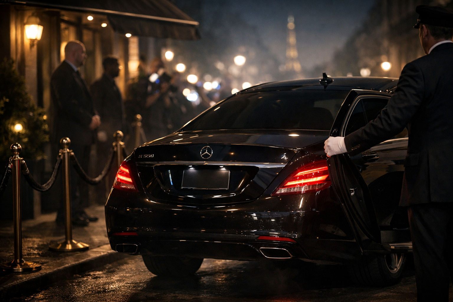 () atmospheric image capturing discreet VIP arrival scene: rear three-quarter view of black Mercedes with privacy glass