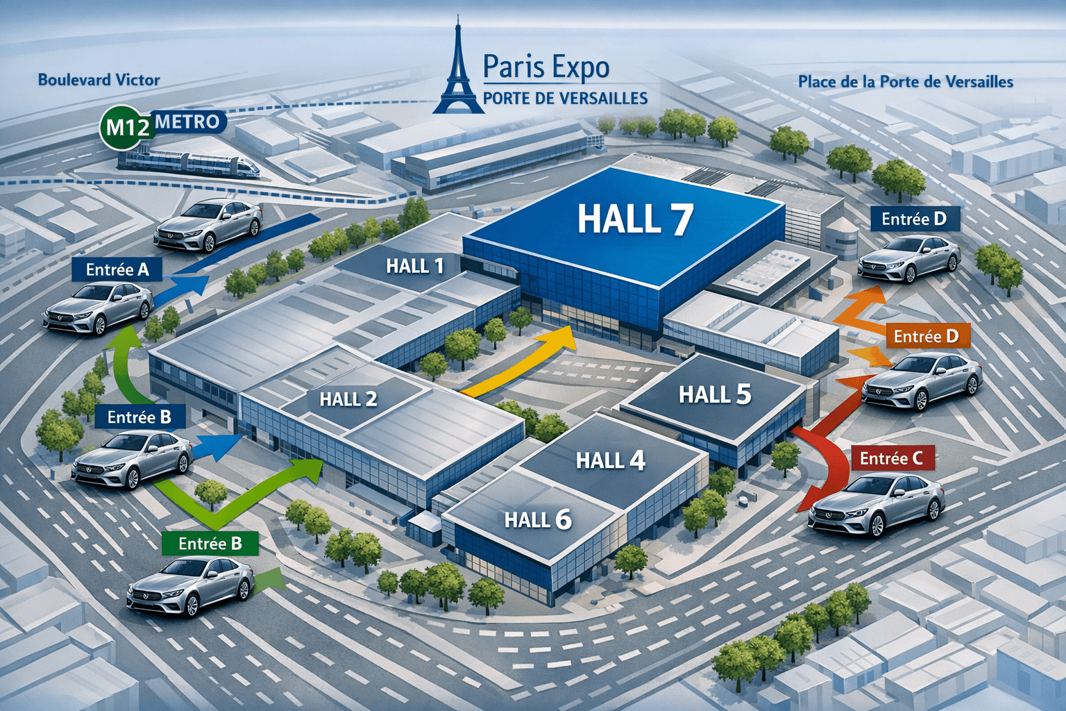 Pharmagoraplus 2026 Chauffeur Guide: Vip Transfers For Pharmacy Professionals At Paris Expo Porte De Versailles 15 () bird's eye view infographic-style illustration showing Paris Expo Porte de Versailles venue map with Hall 7 highlighted,