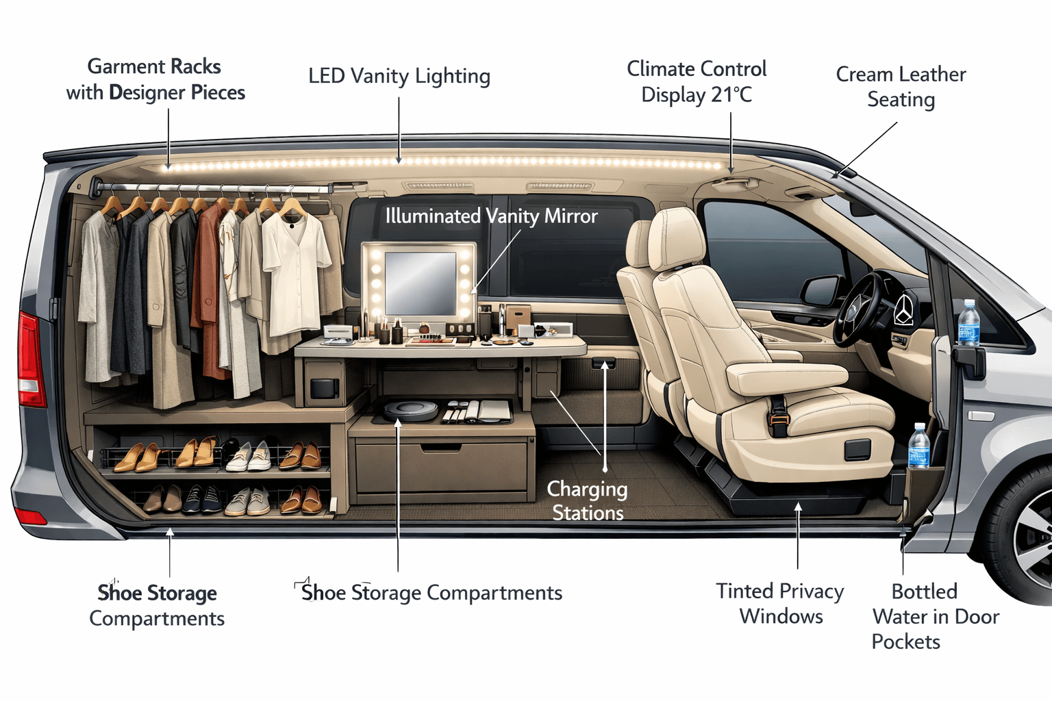 () cutaway side-view illustration of Mercedes V-Class interior configured as mobile fashion workspace: professional garment