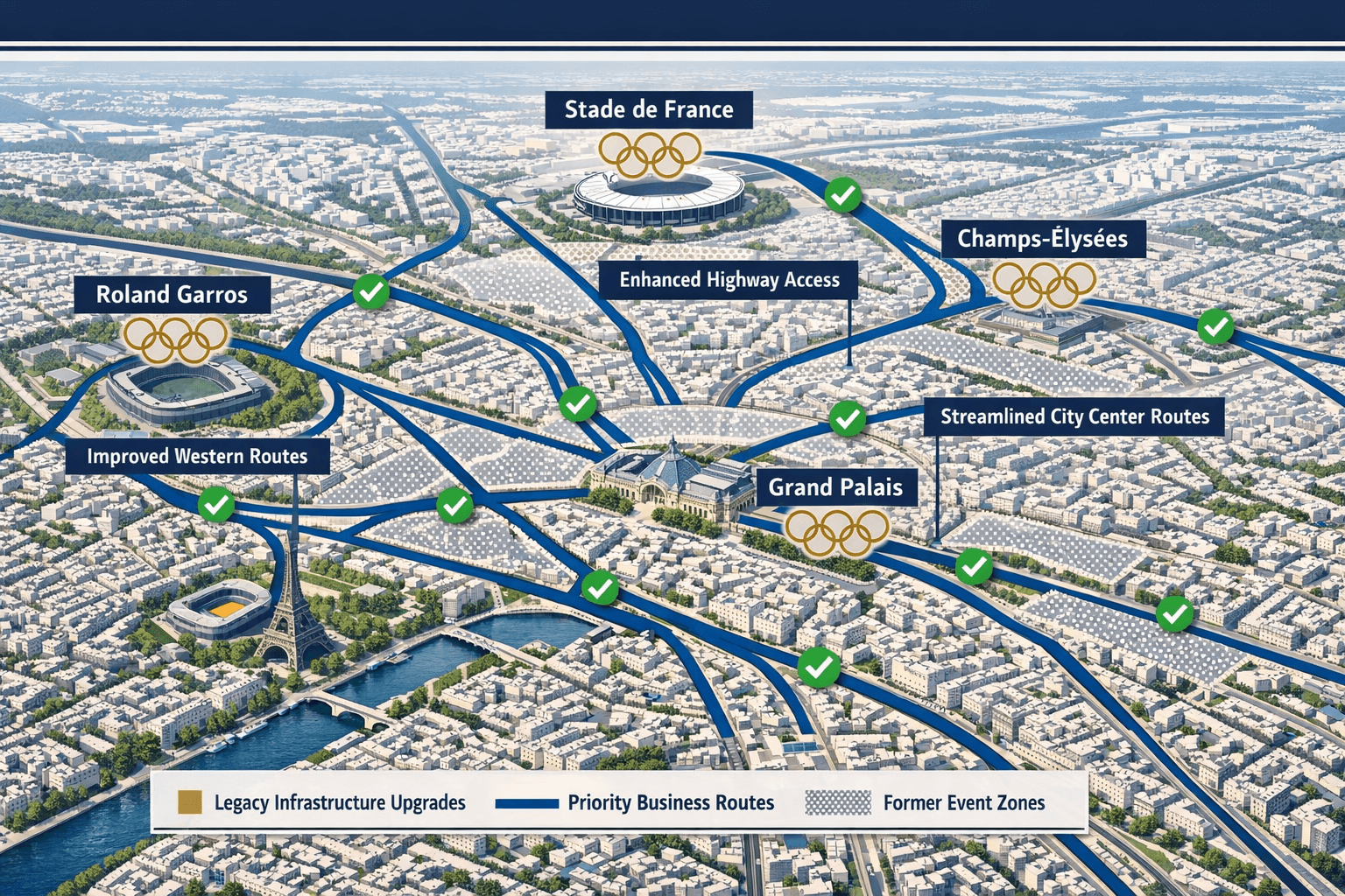 Olympics 2024 Legacy: Luxury Chauffeur Strategies For Paris Post-Games Business Travel And Venue Access 2 () detailed aerial view illustration of Paris city map showing Olympic venue locations marked with gold Olympic ring