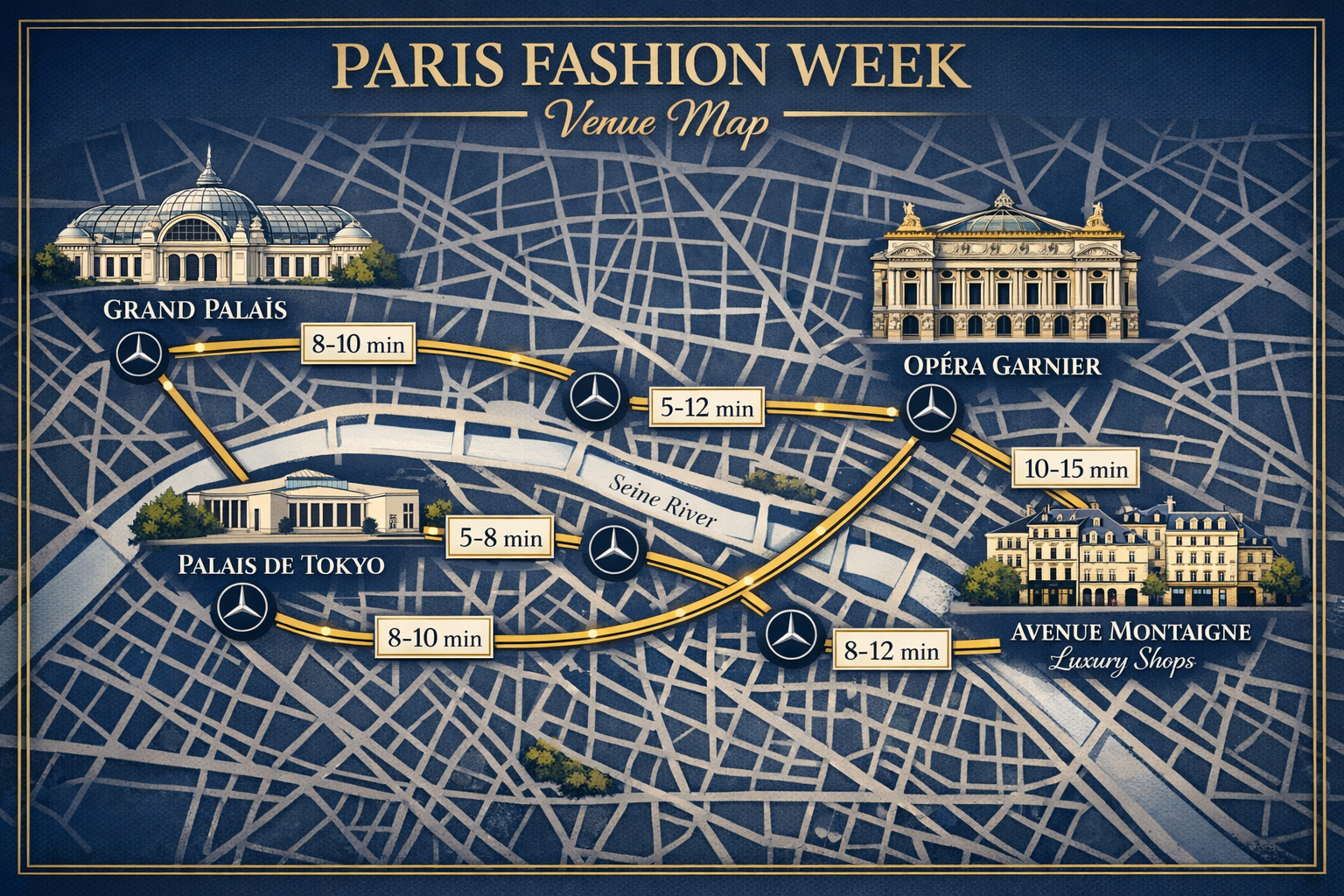 () detailed infographic-style image displaying Paris Fashion Week venue map with key locations marked: Grand Palais, Palais