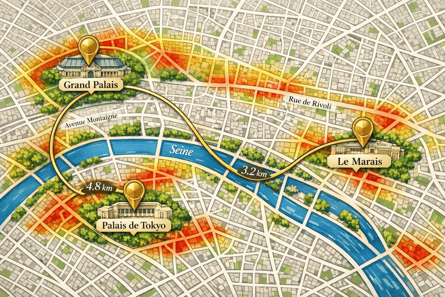 () detailed overhead map illustration of central Paris showing three key Fashion Week venues marked with gold pins: Grand