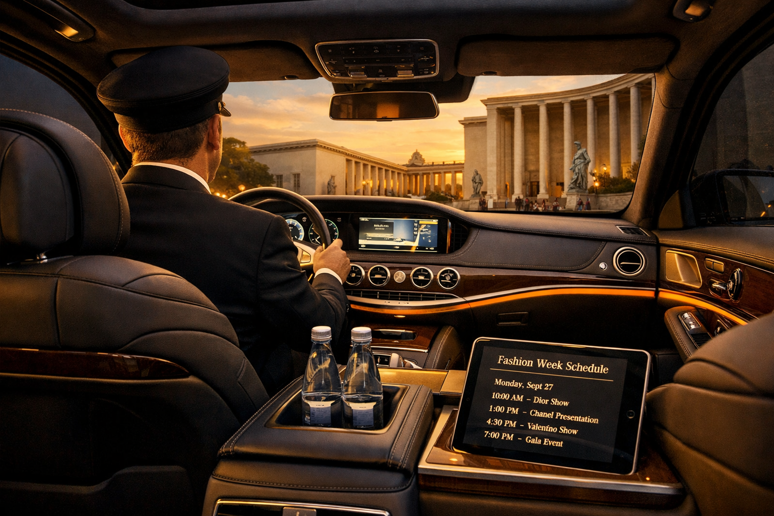 () editorial image showing interior dashboard view from rear passenger seat of Mercedes S-Class Business Edition, looking