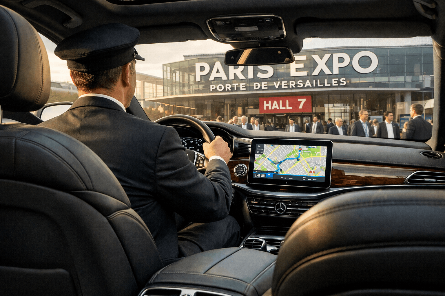 Pharmagoraplus 2026 Chauffeur Guide: Vip Transfers For Pharmacy Professionals At Paris Expo Porte De Versailles 13 () editorial image showing interior view from passenger seat of luxury Mercedes sedan, leather seats in foreground, view