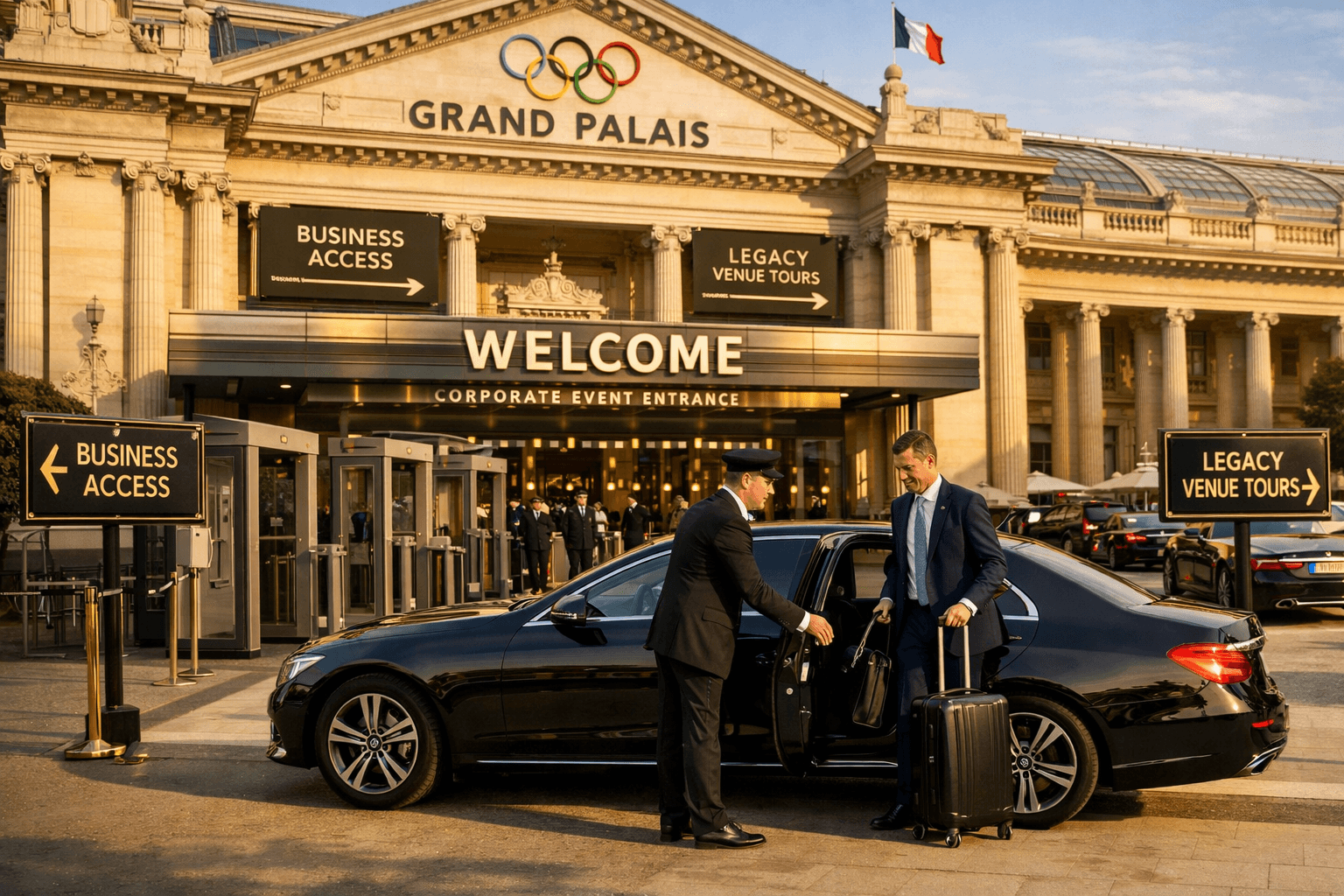 Olympics 2024 Legacy: Luxury Chauffeur Strategies For Paris Post-Games Business Travel And Venue Access 16 () elegant exterior shot of Grand Palais with restored Olympic-era façade and new corporate event entrance, black Mercedes