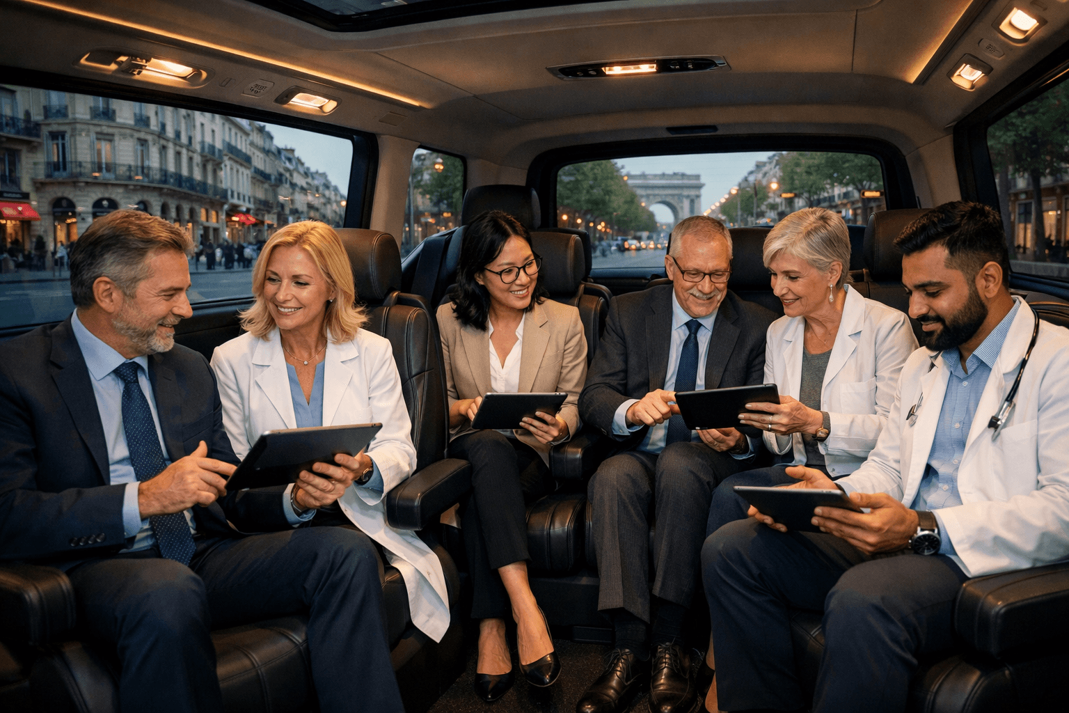 Pharmagoraplus 2026 Chauffeur Guide: Vip Transfers For Pharmacy Professionals At Paris Expo Porte De Versailles 16 () interior shot of Mercedes V-Class luxury van, three rows of premium leather captain's chairs visible, pharmacy delegation