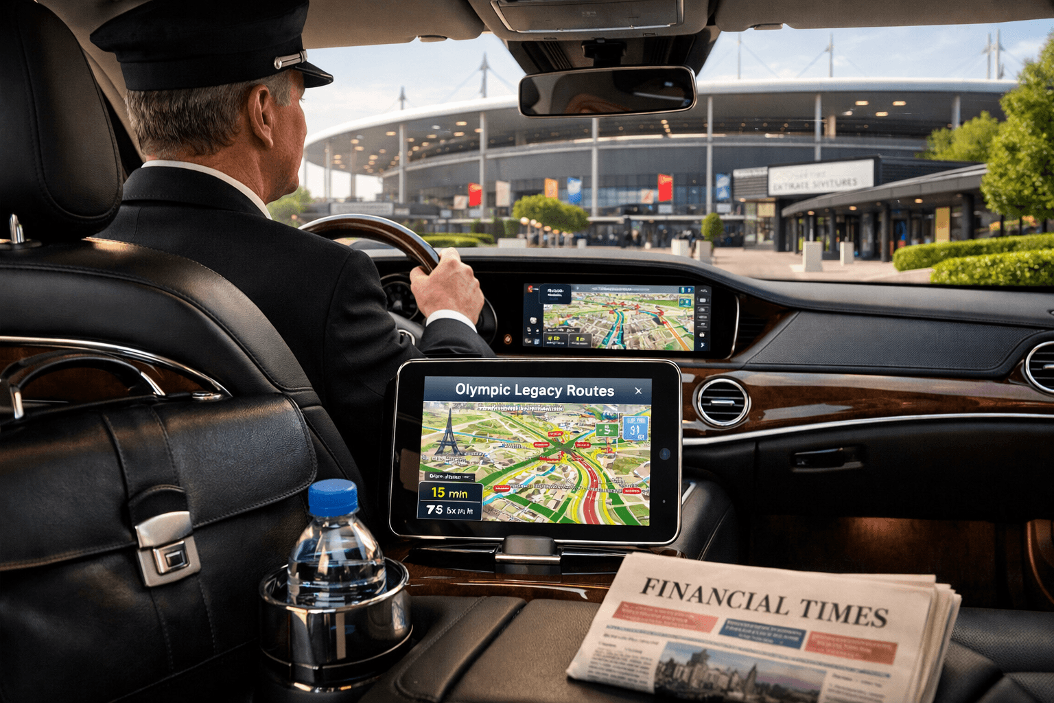Olympics 2024 Legacy: Luxury Chauffeur Strategies For Paris Post-Games Business Travel And Venue Access 15 () premium interior perspective from rear passenger seat of Mercedes S-Class showing English-speaking chauffeur in front,