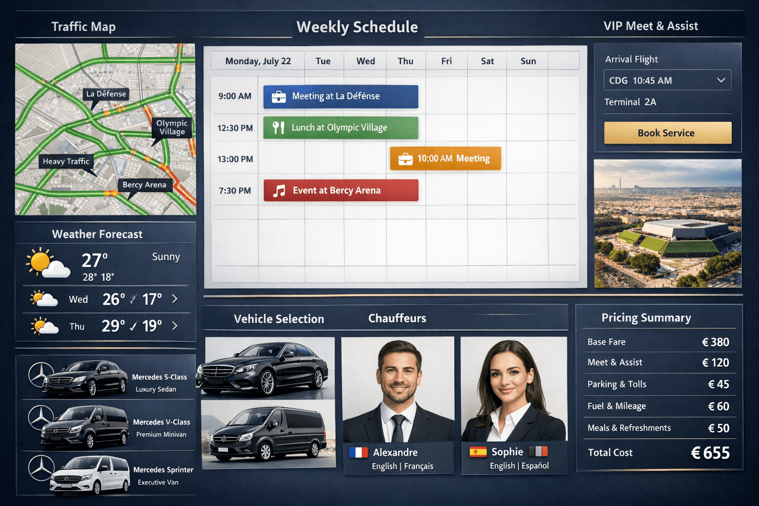 Olympics 2024 Legacy: Luxury Chauffeur Strategies For Paris Post-Games Business Travel And Venue Access 17 () professional infographic dashboard layout showing comprehensive chauffeur service planning interface for Paris business
