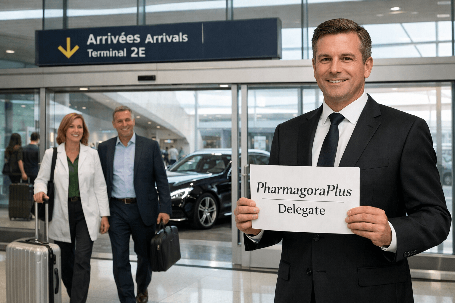 Pharmagoraplus 2026 Chauffeur Guide: Vip Transfers For Pharmacy Professionals At Paris Expo Porte De Versailles 14 () professional scene at Charles de Gaulle Airport Terminal 2E arrivals hall, English-speaking chauffeur in dark suit