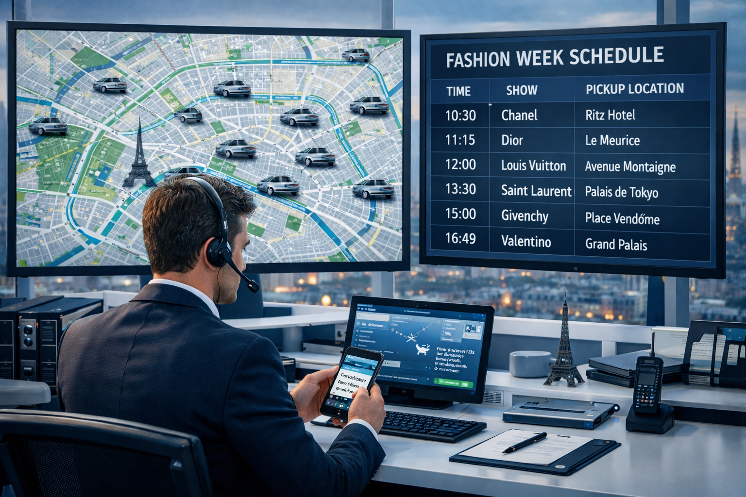() professional service coordination scene showing dedicated ground controller in elegant Paris office coordinating multiple
