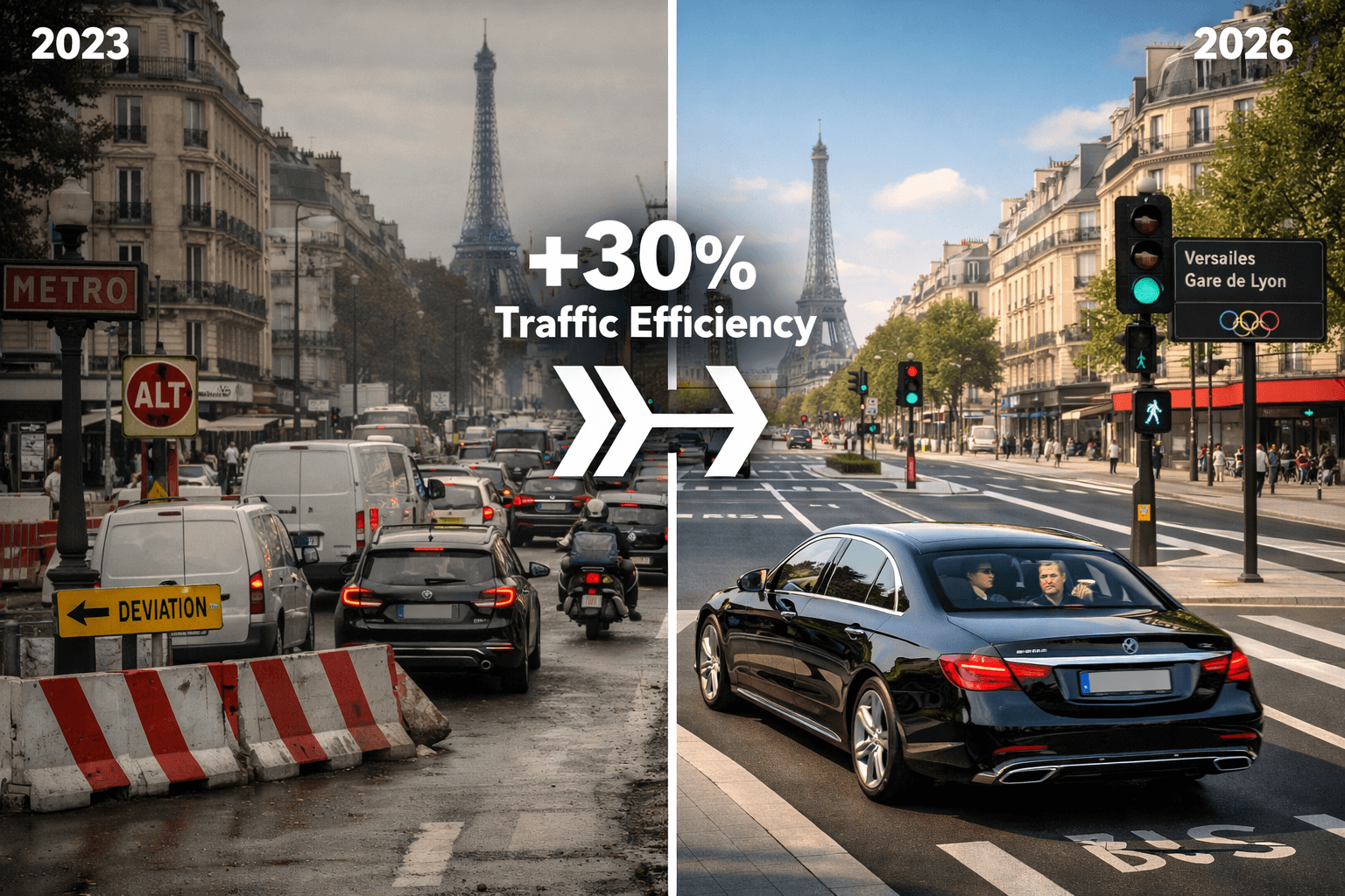 Olympics 2024 Legacy: Luxury Chauffeur Strategies For Paris Post-Games Business Travel And Venue Access 14 () sophisticated split-screen composition showing before-and-after Olympic infrastructure transformation. Left side: