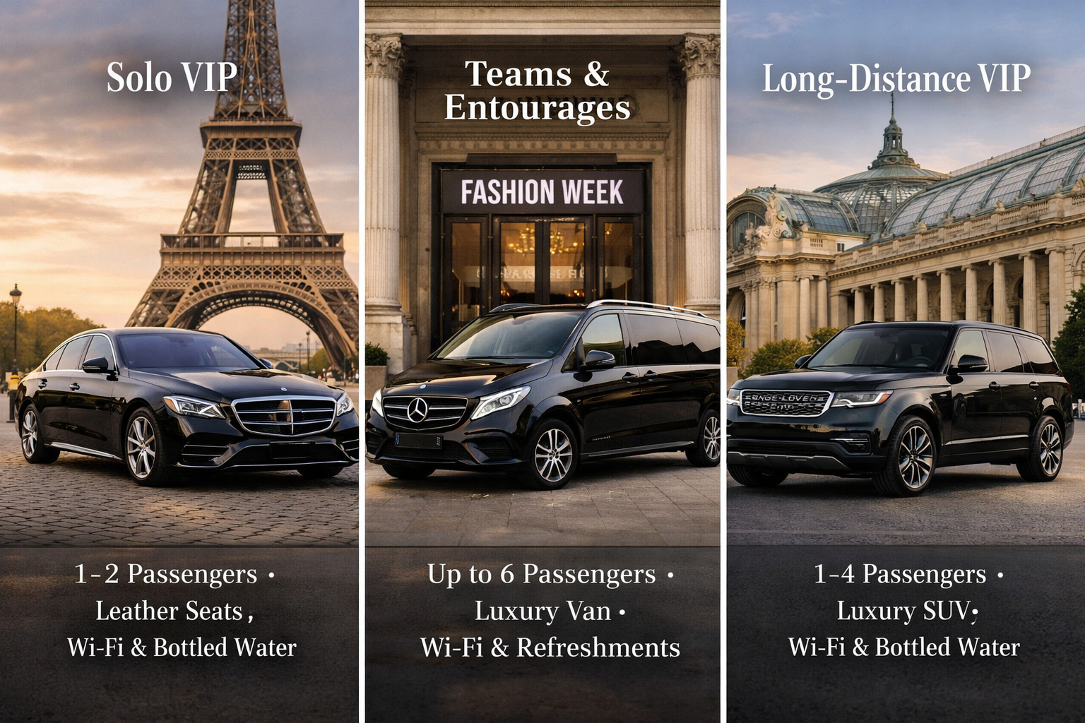 () split-screen comparison showing three Mercedes vehicle options side by side: left panel displays S-Class sedan exterior