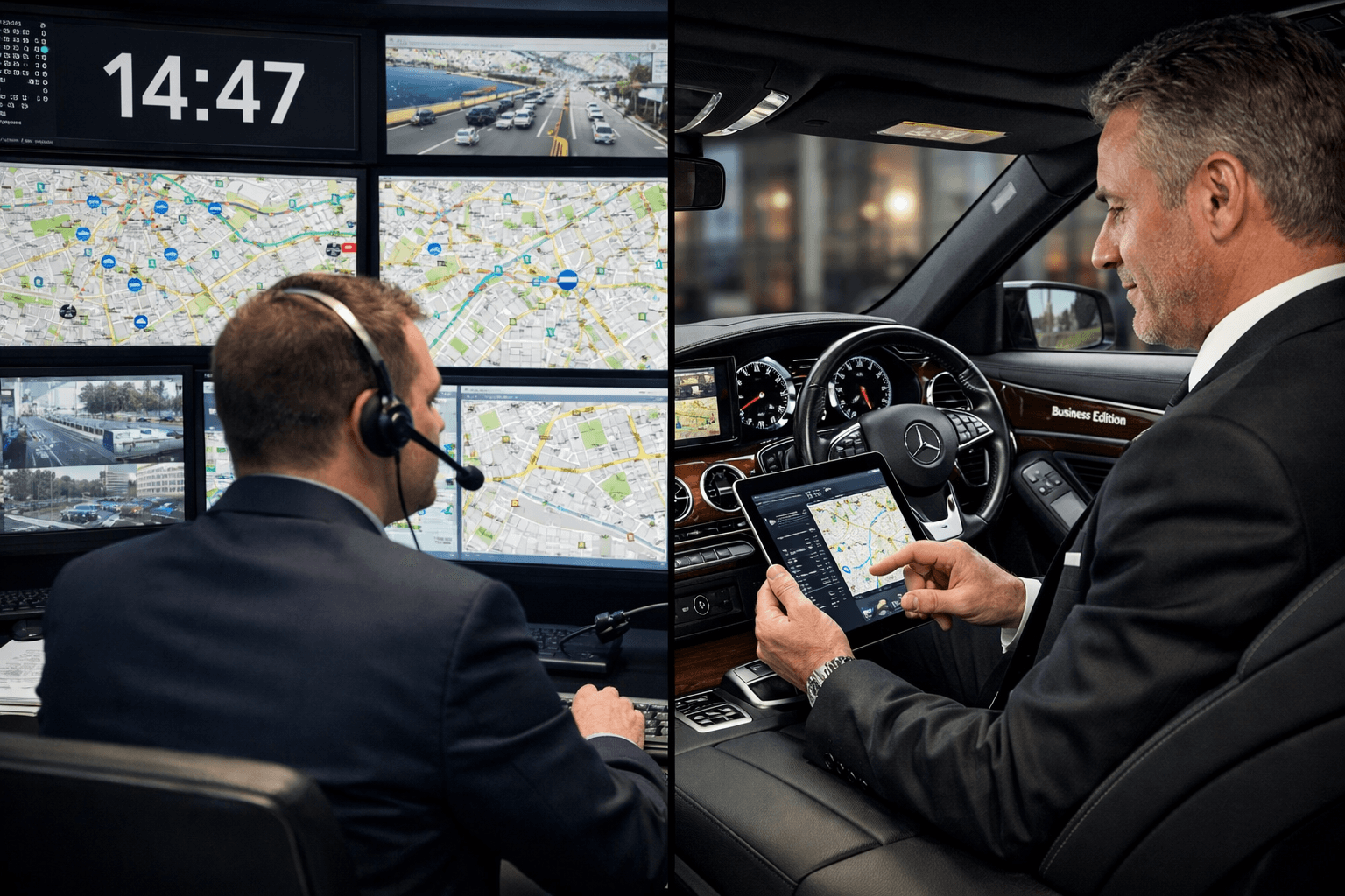 () split-screen composition showing chauffeur coordination center: left side displays professional command center with