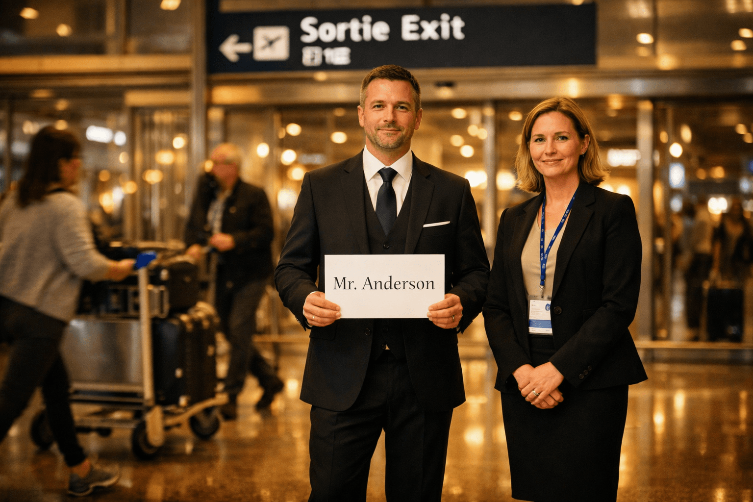 () atmospheric photograph inside Paris CDG Terminal 2E arrivals area showing a professional English-speaking chauffeur in a